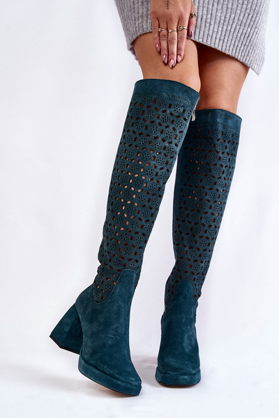 Kozaki Ażur Zamsz Obcas Zielone Castres