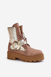 Zazoo 2942 Leather Worker Boots With Gold Buckle Beige