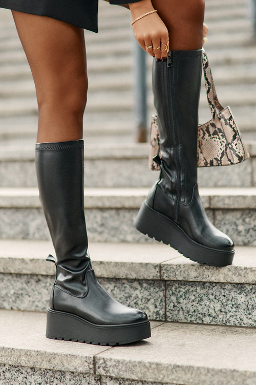 Damskie Kozaki Na Platformie I Koturnie Przed Kolano Czarne Vinceza 58342