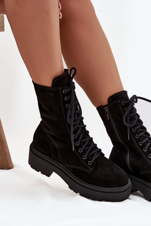 Damskie Botki Workery Ocieplane Zamszowe Czarne Zazoo 4213