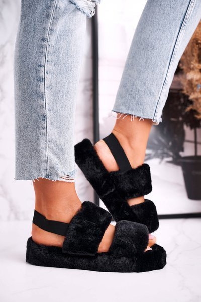 Women's Furry Slippers on the Platform Black Cotton Candy