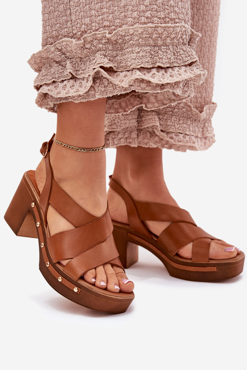 Sandały Na Słupku Skóra Naturalna Brązowe Zazoo 1081