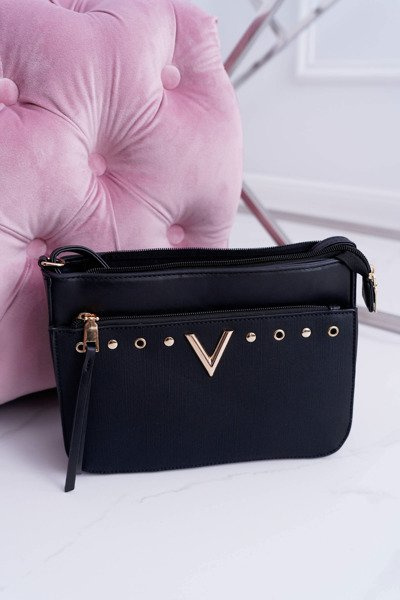 Ladies Handbag Shoulder Black Gold Letter V