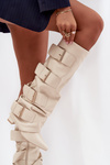 Women's High Heel Boots with Turned-up Shaft and Golden Buckles Light Beige Isavelle