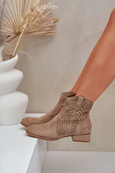Women’s perforated ankle boots on low heel beige Neliawen
