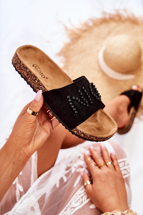 Classic Suede Slippers With Beaded Black Vayana