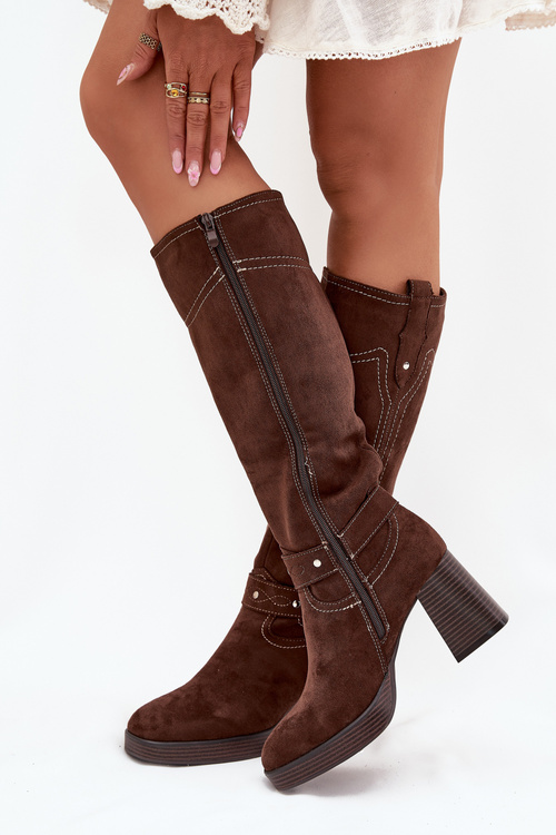 Warm women's heeled boots with stitching chocolate Alessara