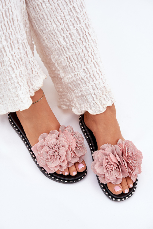 Ladies Slippers With Fabric Flowers Pink Elachase