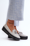 Shiny Women's Leather Loafers on Platform S.Barski LR400 Silver