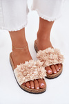 Women's Cork Sole Slippers With Decorative Flowers Beige Seleneza