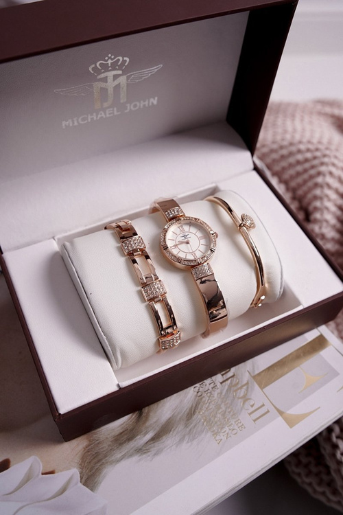Women's Watch and Two Bracelets Set Michael John Pink Gold