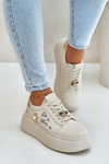 Women Leather Sneakers On Platform With Appliqués And Writing Vinceza 89102 Beige
