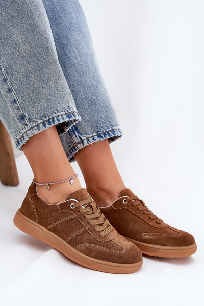 Sneakersy Damskie Niskie Z Naturalnego Zamszu Brązowe Paliana