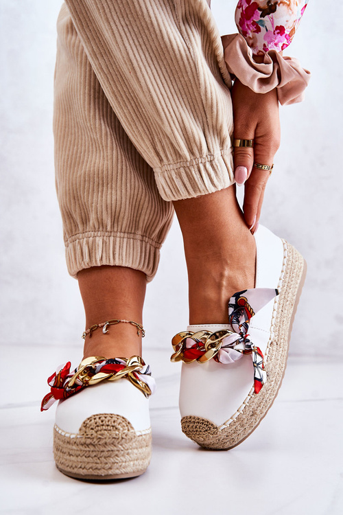 Espadryle Skóra Damskie Ozdobny Łańcuch Białe Fancy