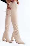 Leather Knee-High Boots on Heel Beige Amalitas