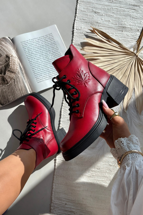 Damskie Botki Skóra Naturalna Ocieplane Obcas Klocek Czerwone Vinceza 39950