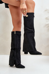 Women's Eco Suede Boots With Rolled Shaft On Heel Black Bralise