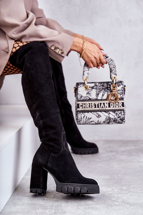 Fashionable Suede Thigh High Boots Black Estrela