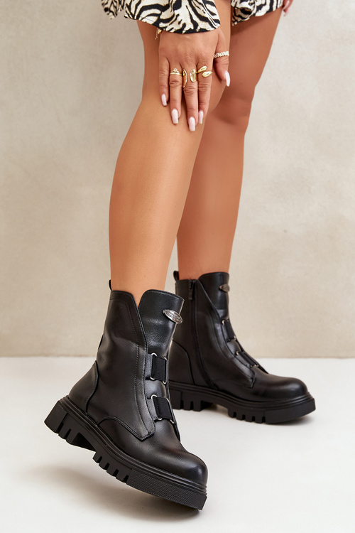 Warm ankle boots workers women's with zip eco leather black Mailyra