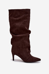 Wrinkled High Heel Boots Made of Eco Suede Insulated Chocolate Mavella