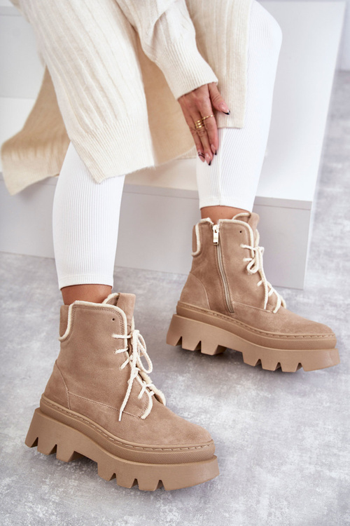 Suede Warm Lace Up Boots Beige Elisabeth