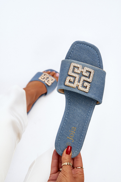 Klapki Jeansowe Damskie Plaski Obcas Ozdoba Niebieskie Inaile SS-243