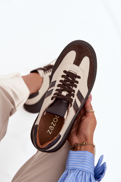 Leather Women's Sneakers On Platform Zazoo 3775 Beige Chocolate