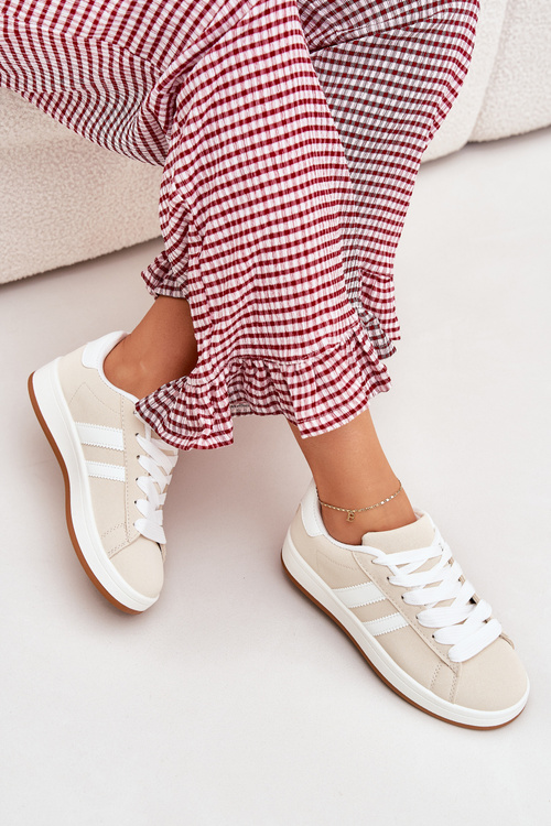 Eko Skórzane Sneakersy Buty Sportowe Damskie Beżowe Ravina