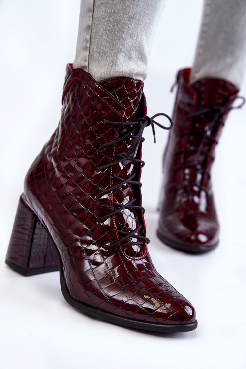 Botki Damskie Lakier Skóra Obcas Krokodyli Wzór Bordowe Alva
