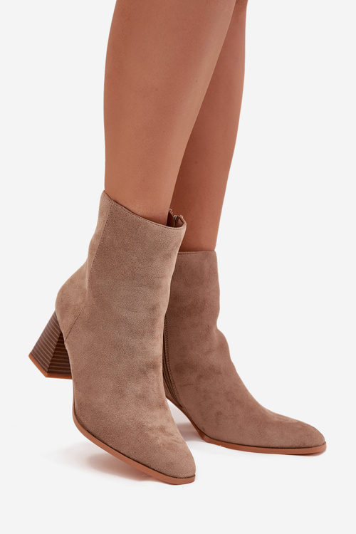 Women's Suede Heeled Ankle Boots With Zip Beige Zelita