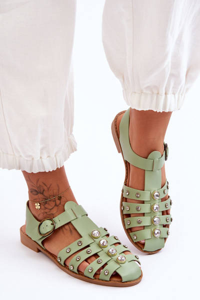 Women's Flat Sandals With Zircons Green Ascot