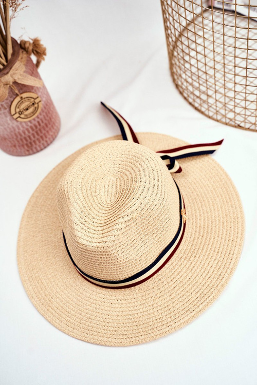 Damski Kapelusz Panama 100% Papier Beżowy Wstążka Złota Mucha