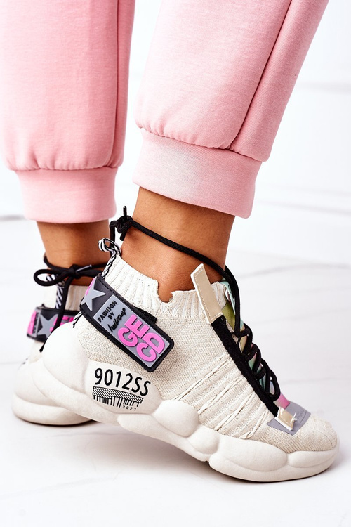 Sneakersy Sportowe Buty Wiązane Beżowe Bubble Tea