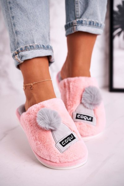 Women's Furry Slippers With A Hat And Pompom Pink Keep Warm