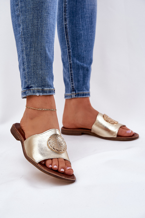 Zazoo 2938 Leather Slippers On Flat Heel With Decoration Gold