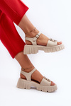 Women's Leather Sandals with Gold Decoration Beige Vinceza 7910