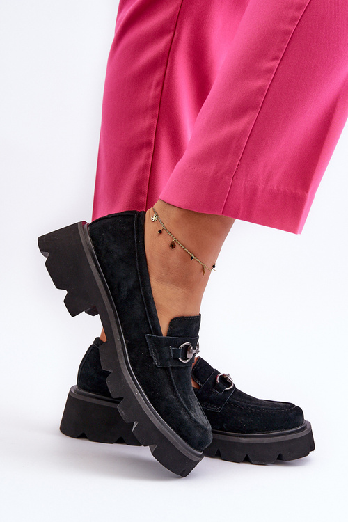 Mokasyny Masywne Zamsz Damskie Czarne Neloria 7888