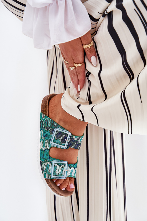 Klapki Damskie Z Brokatem I Klamrami Zielone S.Barski RB51-006