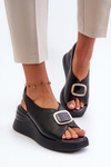 Black Women's Leather Wedge Sandals with Ornament Salvania