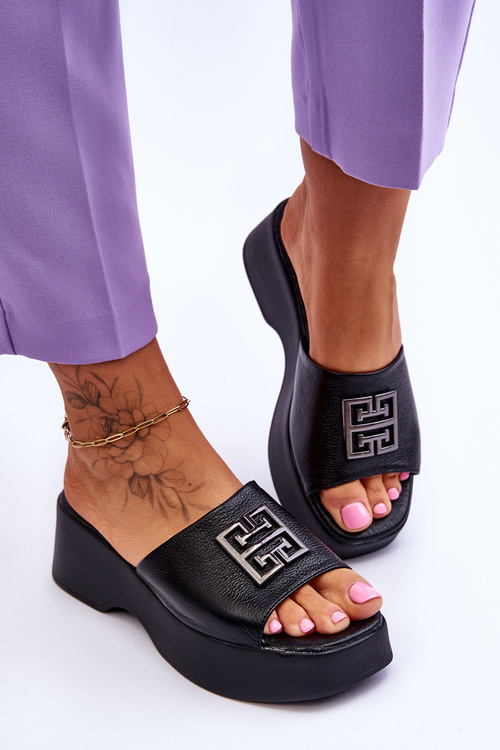 Klapki Damskie Skóra Platforma Ozdoba Czarne Renna