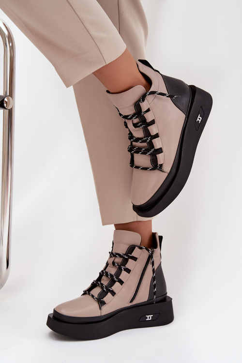 Leather Women's Platform Boots with Lining Artiker 55C0884 Beige