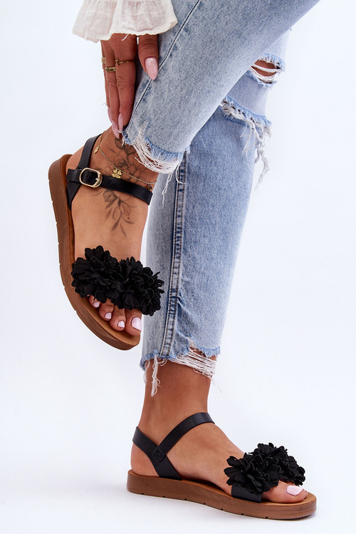 Women's Sandals With Textile Flowers Black Fiori