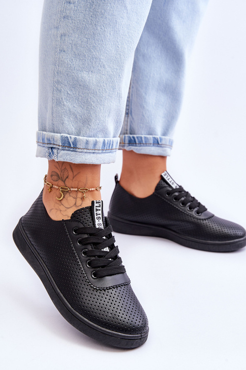 Women's Openwork Lace-up Sneakers Black Carinel