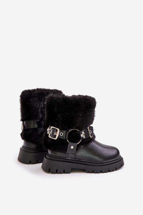 Eco Leather Girls Boots With Fur And Buckles Black Cartemes