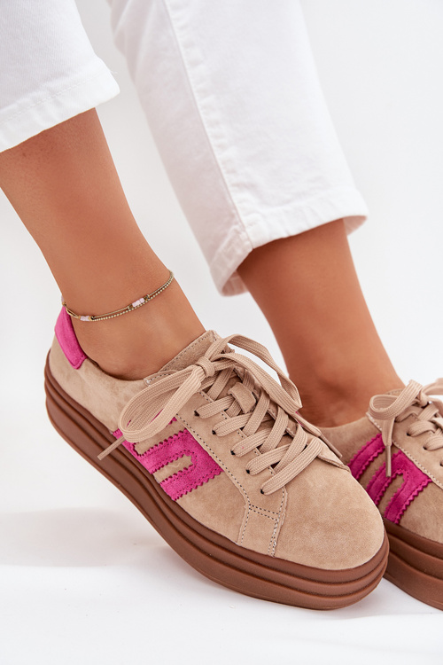Women's Platform Sneakers Made Of Natural Suede Beige-Pink Eldira