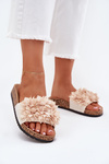 Women's Cork Sole Slippers With Decorative Flowers Beige Seleneza