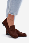 Damskie Loafersy Eko Zamsz Płaski Obcas Brązowe Rivianne