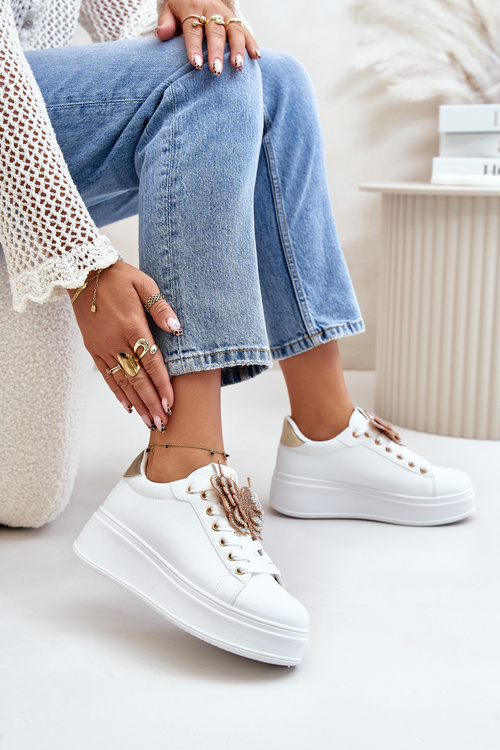 Damskie Eko Skórzane Sneakersy Na Platformie Motyl Biało-Złote Naritevia