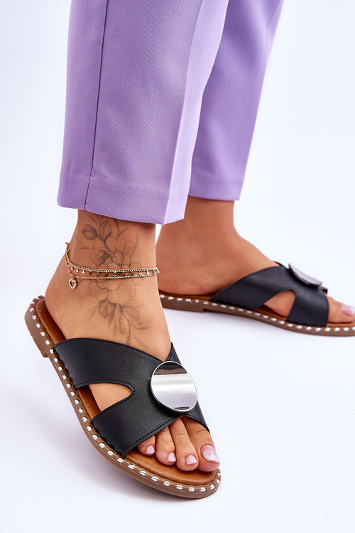 Klapki Damskie Płaski Obcas Czarne Kenley