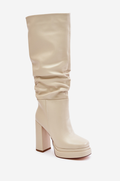 Slip-on ankle boots on a heel and platform with gathering warm light beige Beridra